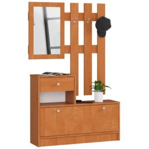 Set mobilier hol cu pantofar, oglinda, sertar si cuier metalic, PAL laminat, 90x25x170 cm, maro arin