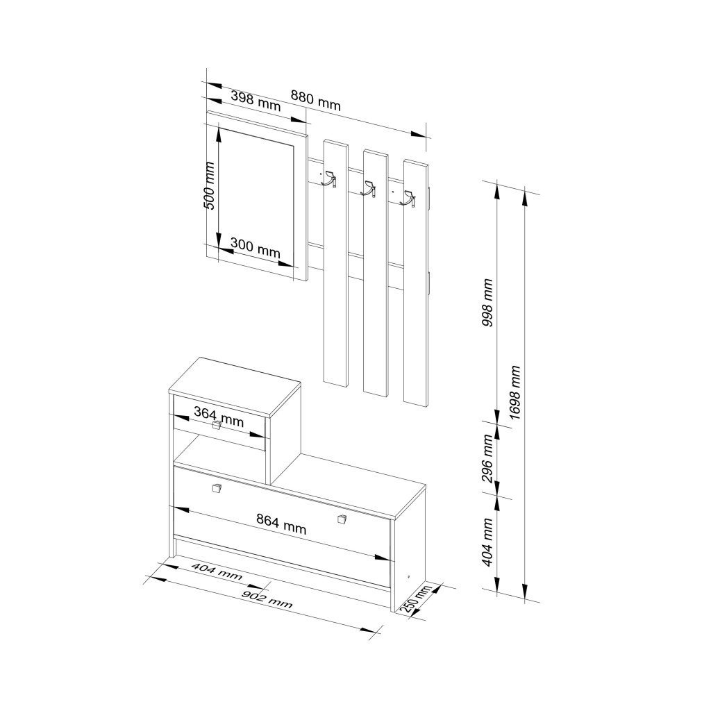 Set mobilier hol cu pantofar, oglinda, sertar si cuier metalic, PAL laminat, 90x25x170 cm, maro arin 2 Set mobilier hol cu pantofar, oglinda, sertar si cuier metalic, PAL laminat, 90x25x170 cm, maro arin - imagine 2