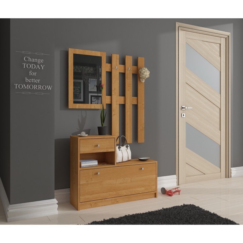 Set mobilier hol cu pantofar, oglinda, sertar si cuier metalic, PAL laminat, 90x25x170 cm, maro arin 4 Set mobilier hol cu pantofar, oglinda, sertar si cuier metalic, PAL laminat, 90x25x170 cm, maro arin - imagine 4
