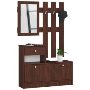 Set mobilier hol cu pantofar, oglinda, sertar si cuier metalic, PAL laminat, 90x25x170 cm, maro