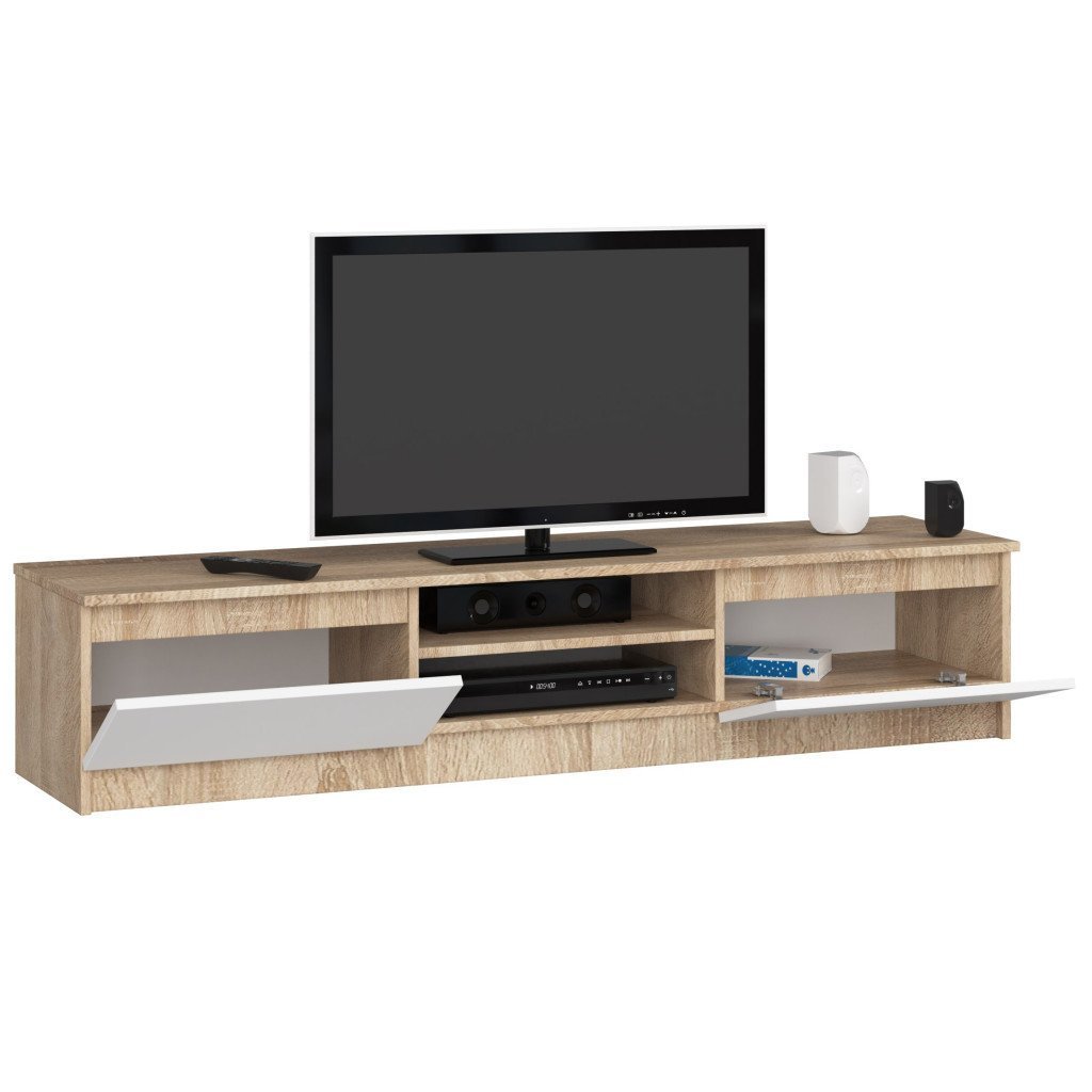 comoda tv cu 2 usi si rafturi centrale, pal laminat, 160x40x33 cm, stejar sonoma si alb 2 Comoda TV cu 2 usi si rafturi centrale, PAL laminat, 160x40x33 cm, stejar sonoma si alb - imagine 2