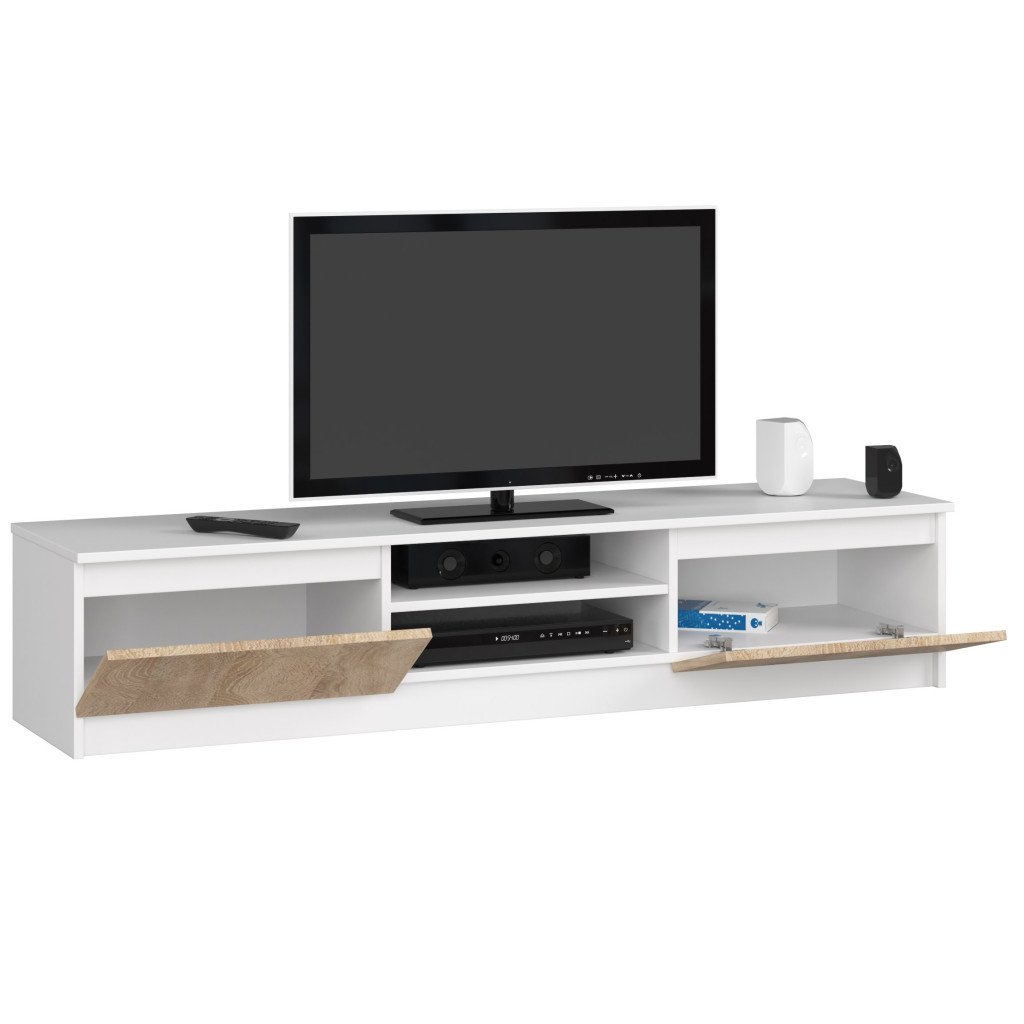 comoda tv cu 2 usi si rafturi centrale, pal laminat, 160x40x33 cm, alb si stejar sonoma 2 Comoda TV cu 2 usi si rafturi centrale, PAL laminat, 160x40x33 cm, alb si stejar sonoma - imagine 2