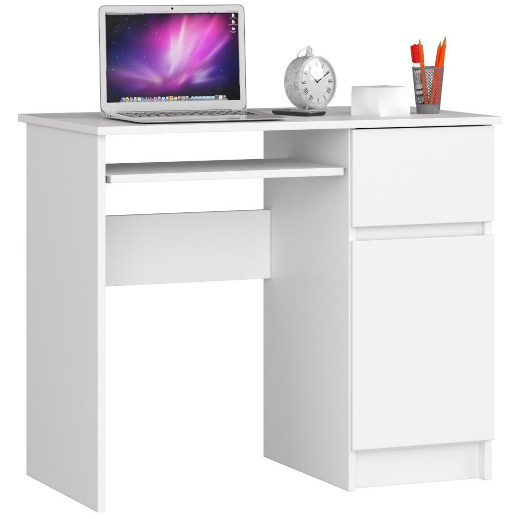 Birou computer PIKSEL, cu sertar, dulap si raft pentru tastatura, dreapta, 90x50x77 cm, alb