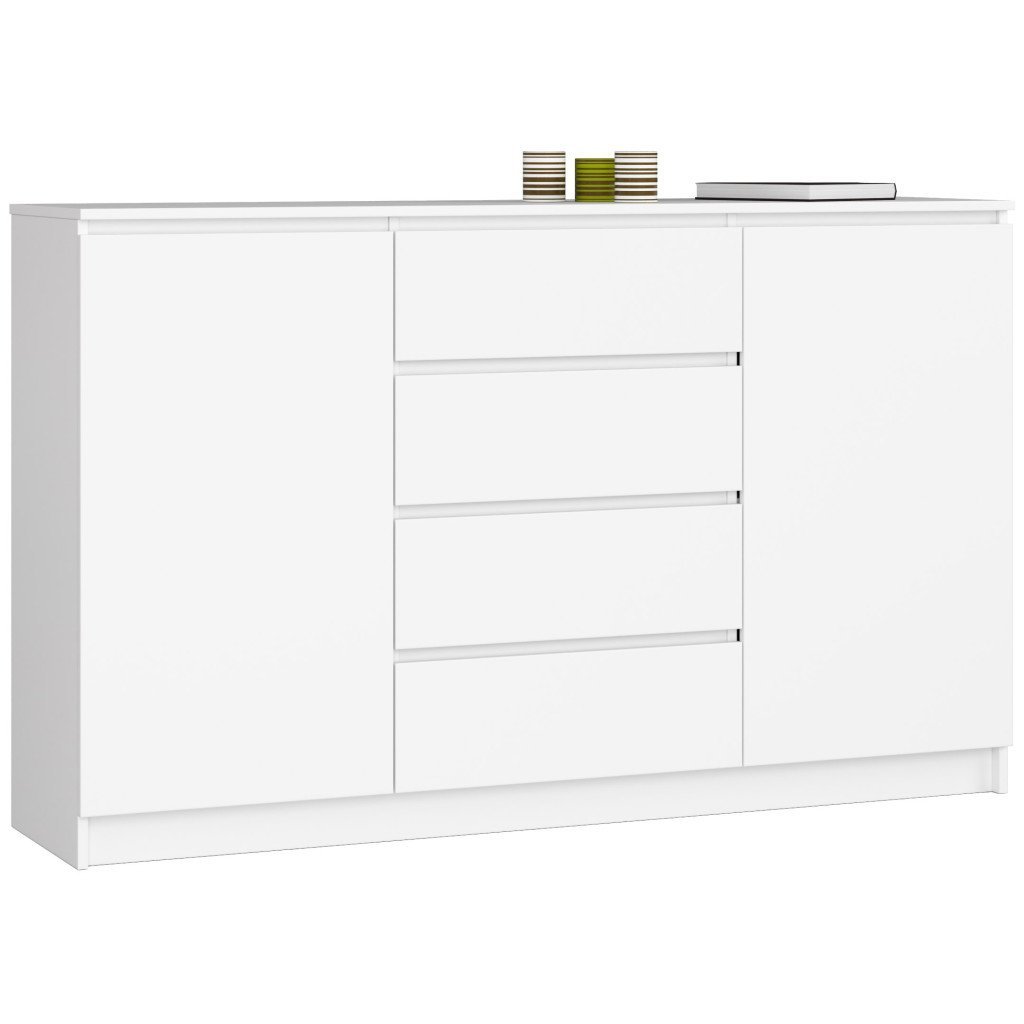 Comoda K160, cu 4 sertare si 2 dulapuri, PAL laminat 16 mm, 160x40x99 cm, alb