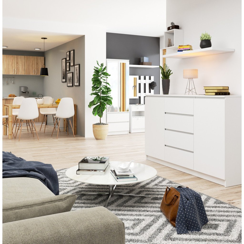 comoda k160, cu 4 sertare si 2 dulapuri, pal laminat 16 mm, 160x40x99 cm, alb 2 Comoda K160, cu 4 sertare si 2 dulapuri, PAL laminat 16 mm, 160x40x99 cm, alb - imagine 2