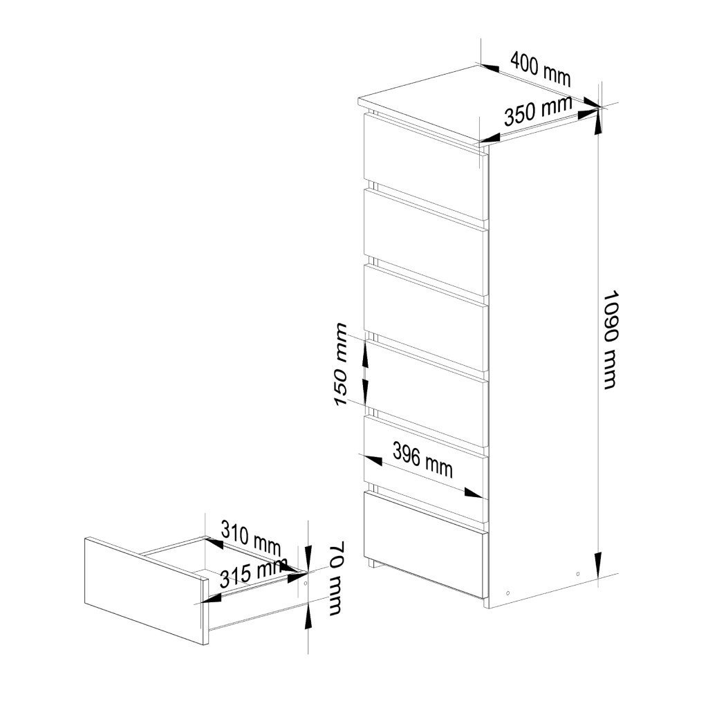 comoda cu 6 sertare, pal laminat 16 mm, 40x35x109 cm, gri 3 Comoda cu 6 sertare, PAL laminat 16 mm, 40x35x109 cm, gri - imagine 3