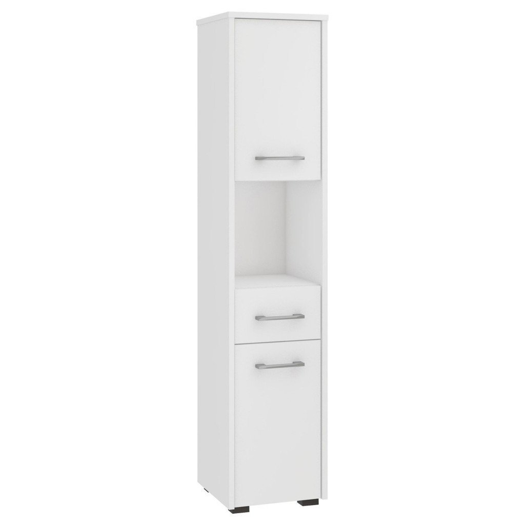 Dulap baie tip coloana cu 2 usi, 1 sertar si rafturi interioare, PAL laminat, 30x30x140 cm, alb