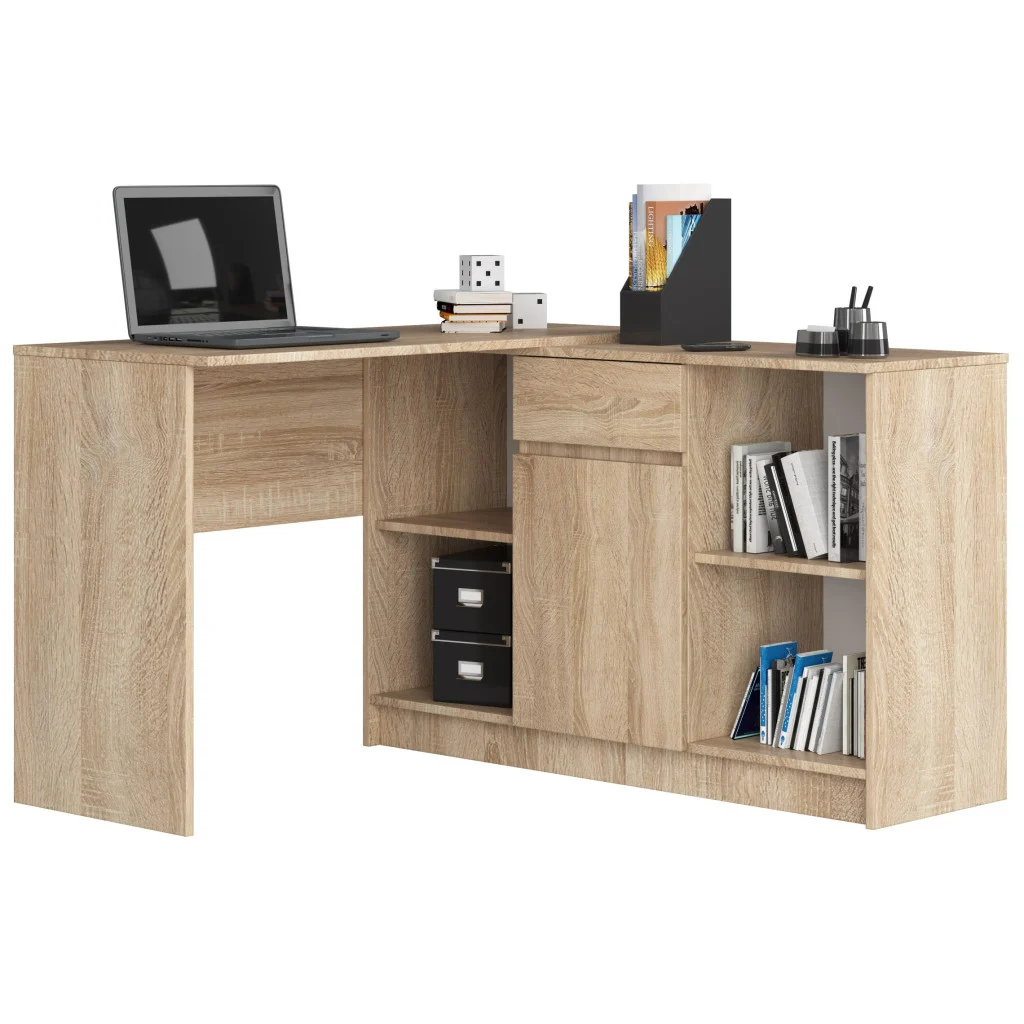 Birou de colt cu sertar, usa si 6 rafturi, PAL laminat 16 mm, 120x126x79 cm, stejar sonoma
