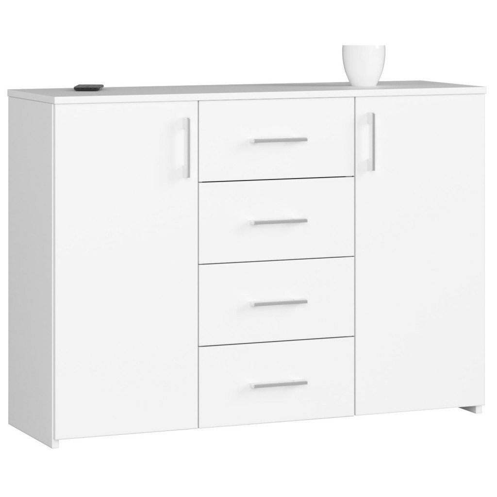 Comoda cu 4 sertare si 2 usi, PAL laminat, 110x35x80 cm, alb mat