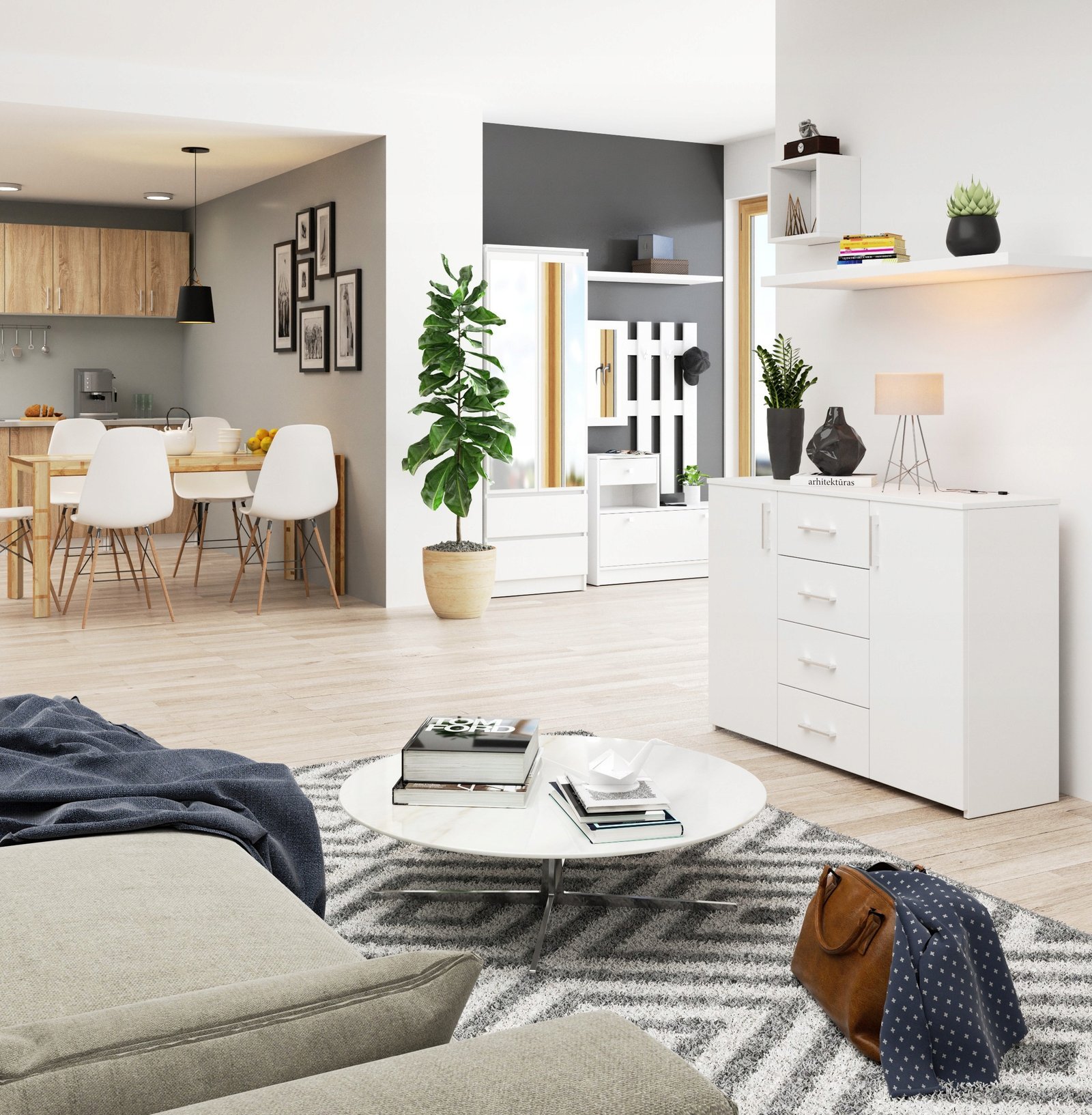 comoda cu 4 sertare si 2 usi, pal laminat, 110x35x80 cm, alb mat 2 Comoda cu 4 sertare si 2 usi, PAL laminat, 110x35x80 cm, alb mat - imagine 2