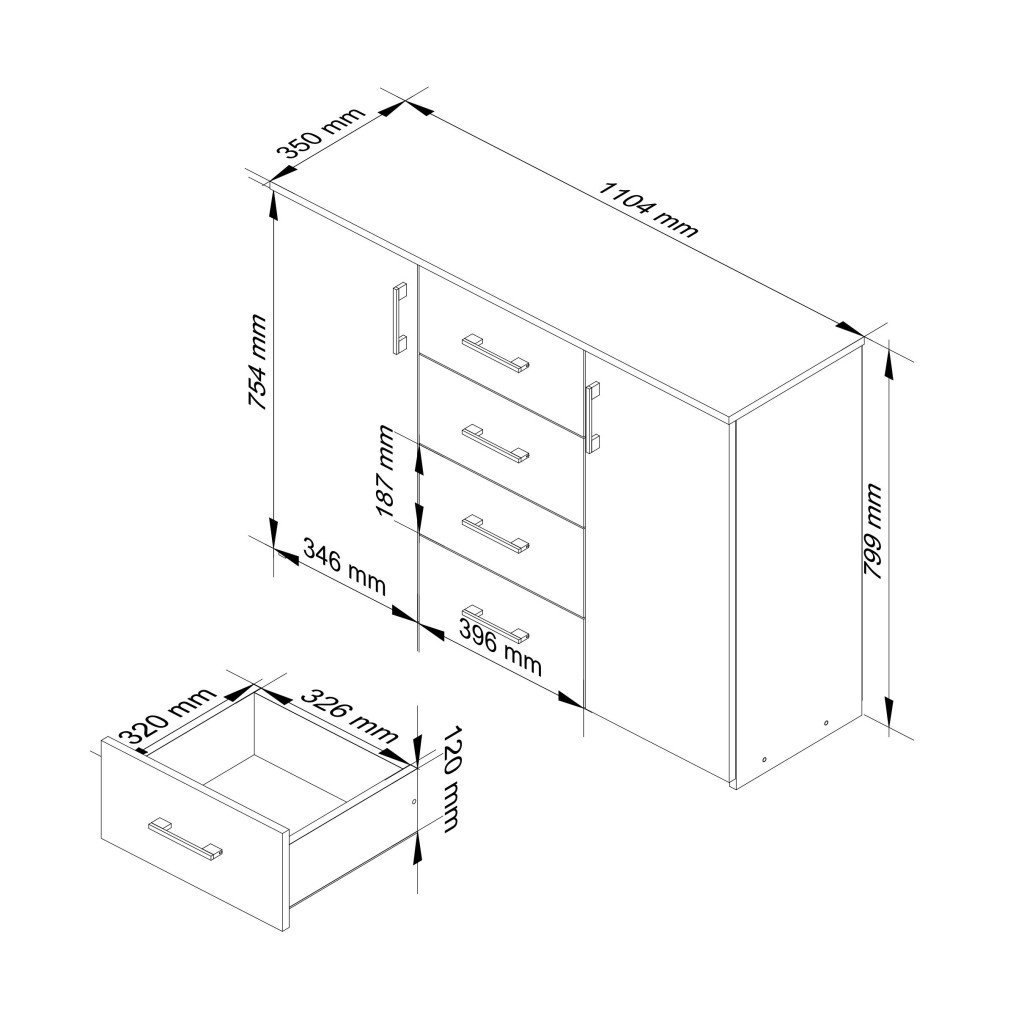 comoda cu 4 sertare si 2 usi, pal laminat, 110x35x80 cm, alb mat 3 Comoda cu 4 sertare si 2 usi, PAL laminat, 110x35x80 cm, alb mat - imagine 3