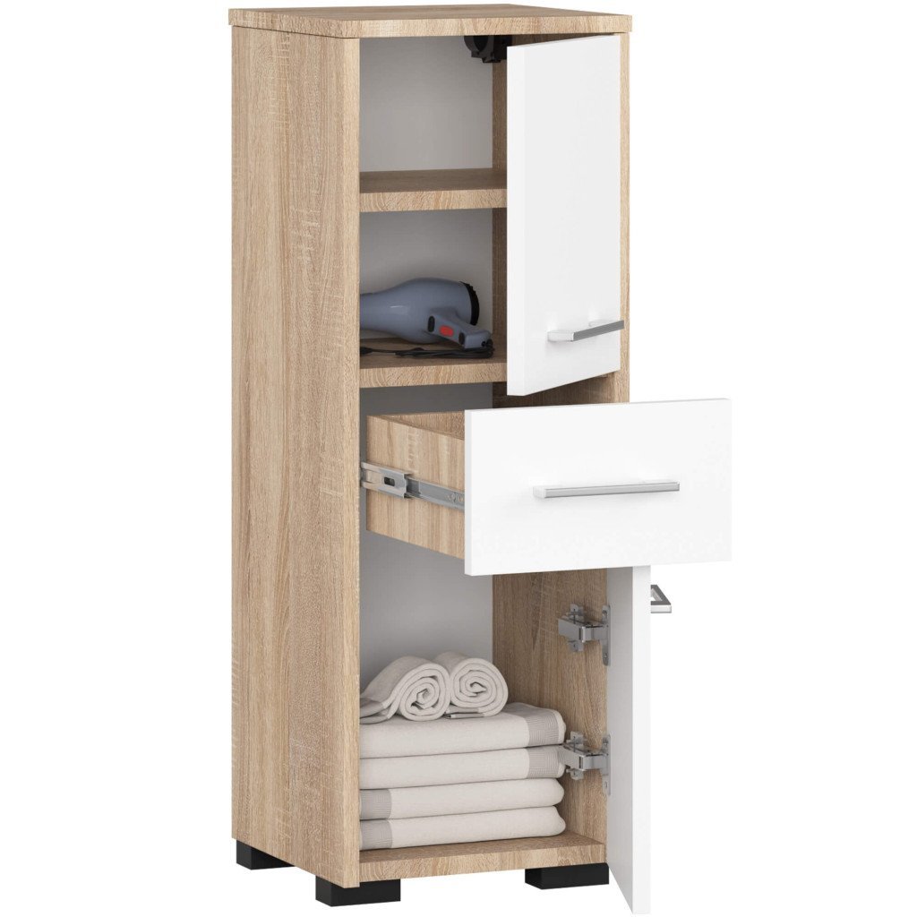 dulap baie tip coloana cu 2 usi si sertar, pal laminat, 30x30x85 cm, stejar sonoma si alb 2 Dulap baie tip coloana cu 2 usi si sertar, PAL laminat, 30x30x85 cm, stejar sonoma si alb - imagine 2