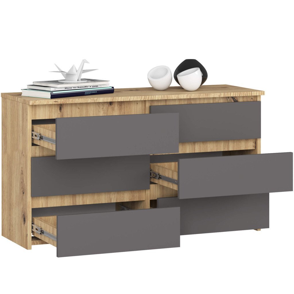 comoda cu 6 sertare, pal laminat, 100x35x57 cm, stejar artisan si gri 3 Comoda cu 6 sertare, PAL laminat, 100x35x57 cm, stejar artisan si gri - imagine 3