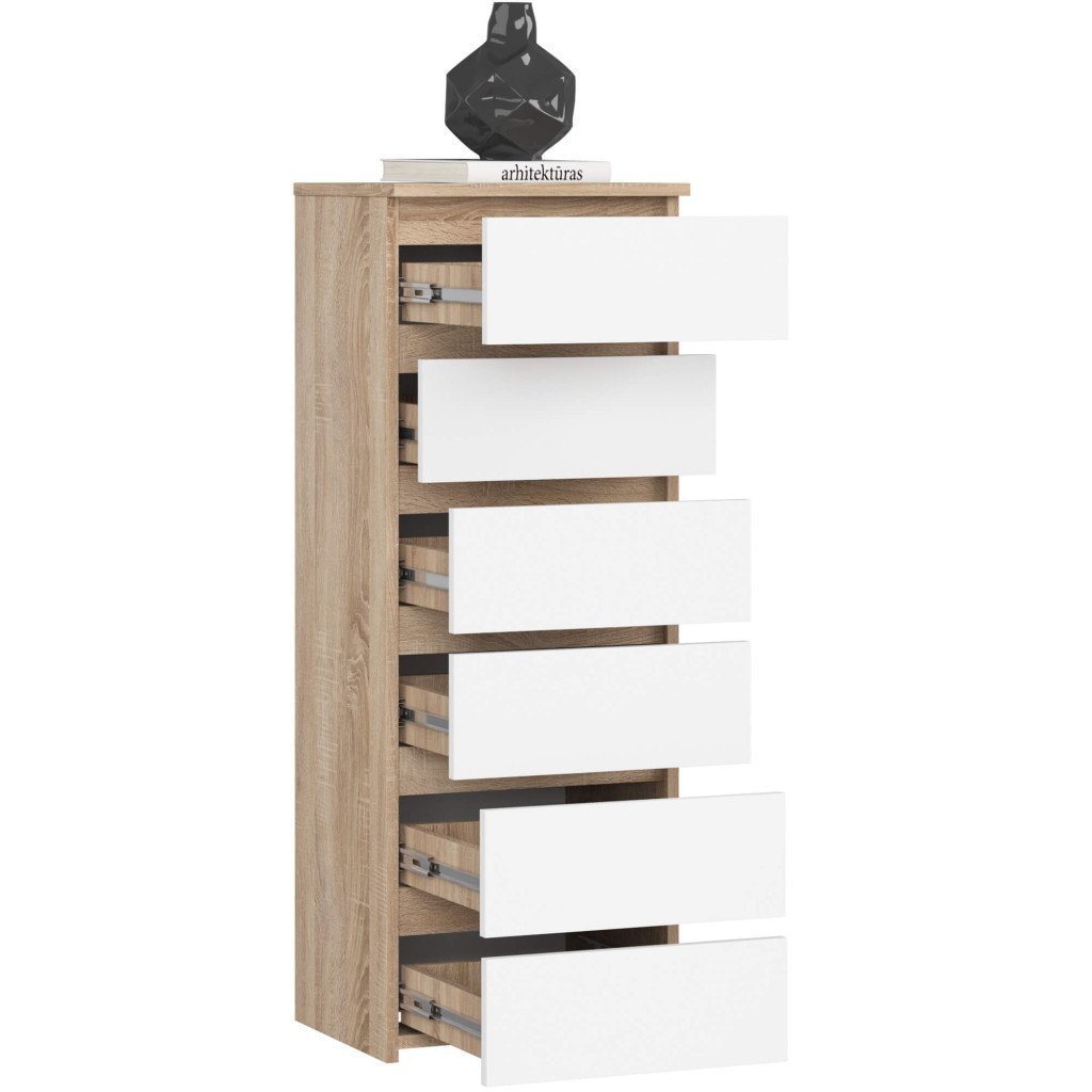 comoda cu 6 sertare, pal laminat 16 mm, 40x35x109 cm, stejar sonoma si alb 2 Comoda cu 6 sertare, PAL laminat 16 mm, 40x35x109 cm, stejar sonoma si alb - imagine 2