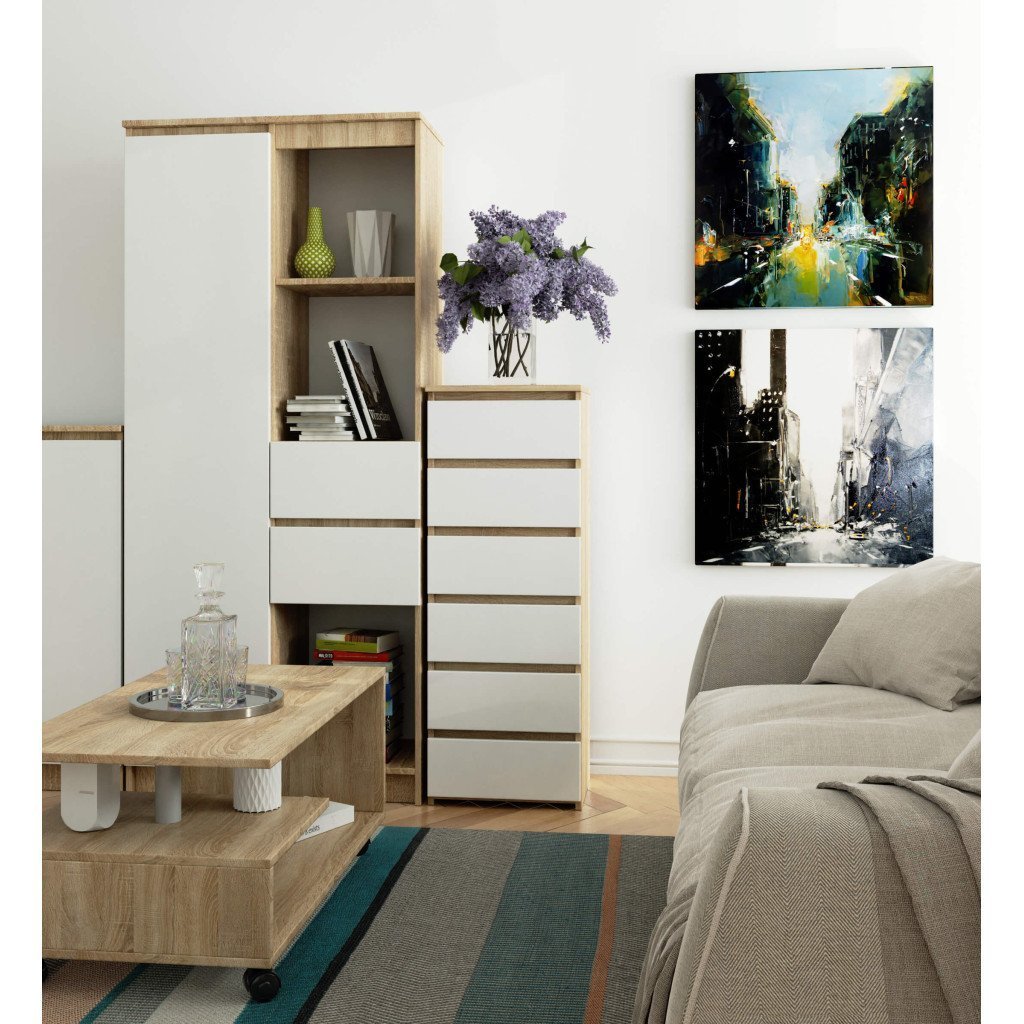 comoda cu 6 sertare, pal laminat 16 mm, 40x35x109 cm, stejar sonoma si alb 3 Comoda cu 6 sertare, PAL laminat 16 mm, 40x35x109 cm, stejar sonoma si alb - imagine 3
