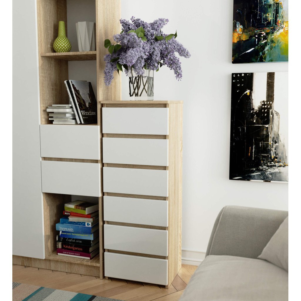 comoda cu 6 sertare, pal laminat 16 mm, 40x35x109 cm, stejar sonoma si alb 4 Comoda cu 6 sertare, PAL laminat 16 mm, 40x35x109 cm, stejar sonoma si alb - imagine 4