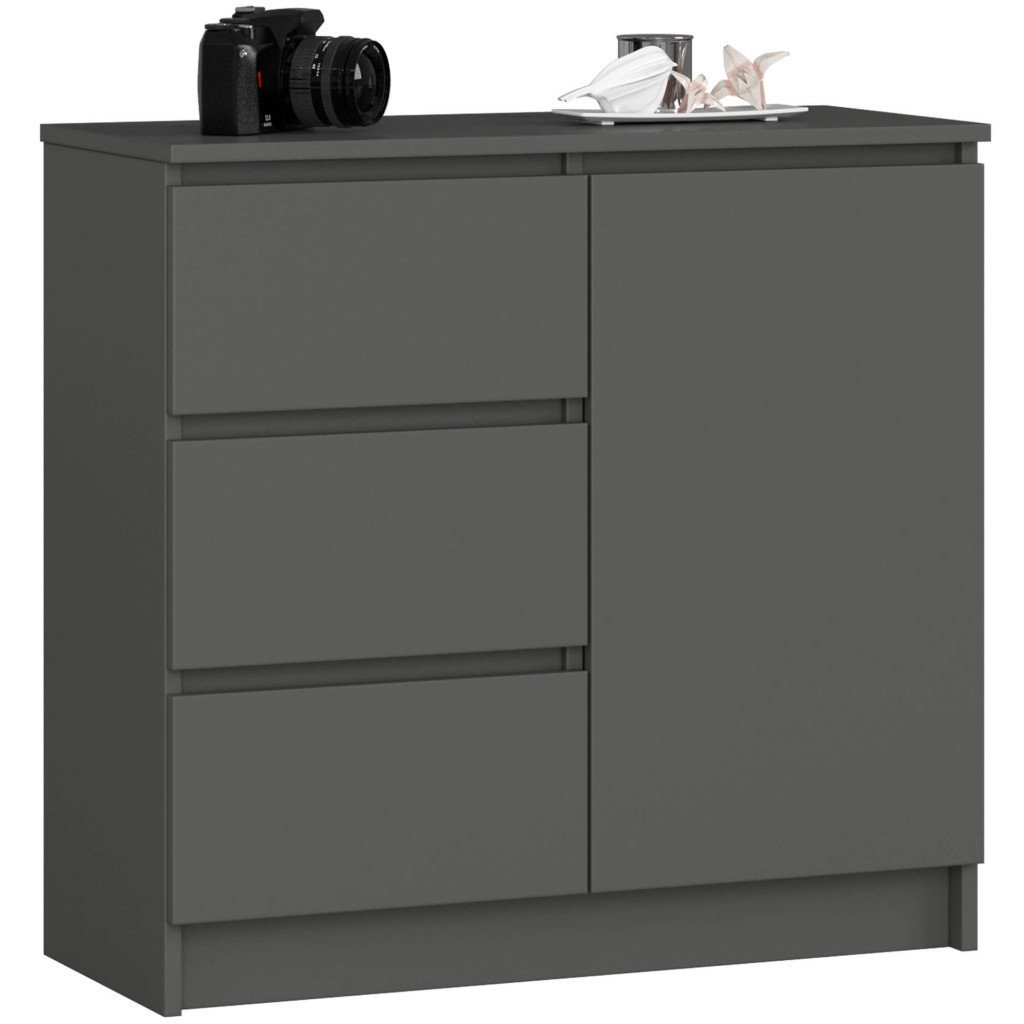 Comoda JERRY cu 3 sertare si dulap cu rafturi, PAL laminat, 80x35x77 cm, gri grafit