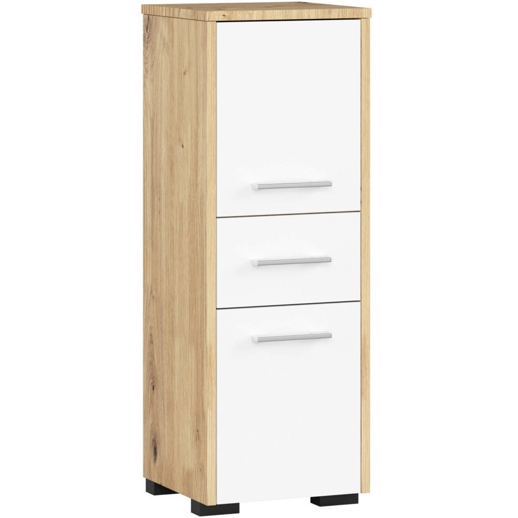 Dulap de baie tip baza, cu 2 usi si sertar, PAL 16 mm, 30x30x85 cm, stejar artisan si alb