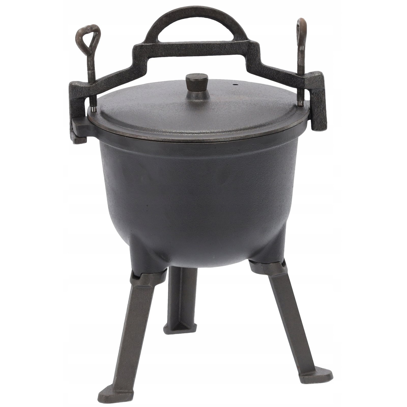 Ceaun vanatoresc din fonta, cu capac si picioare pentru gatit in aer liber, 5L, 25×42 cm, negru