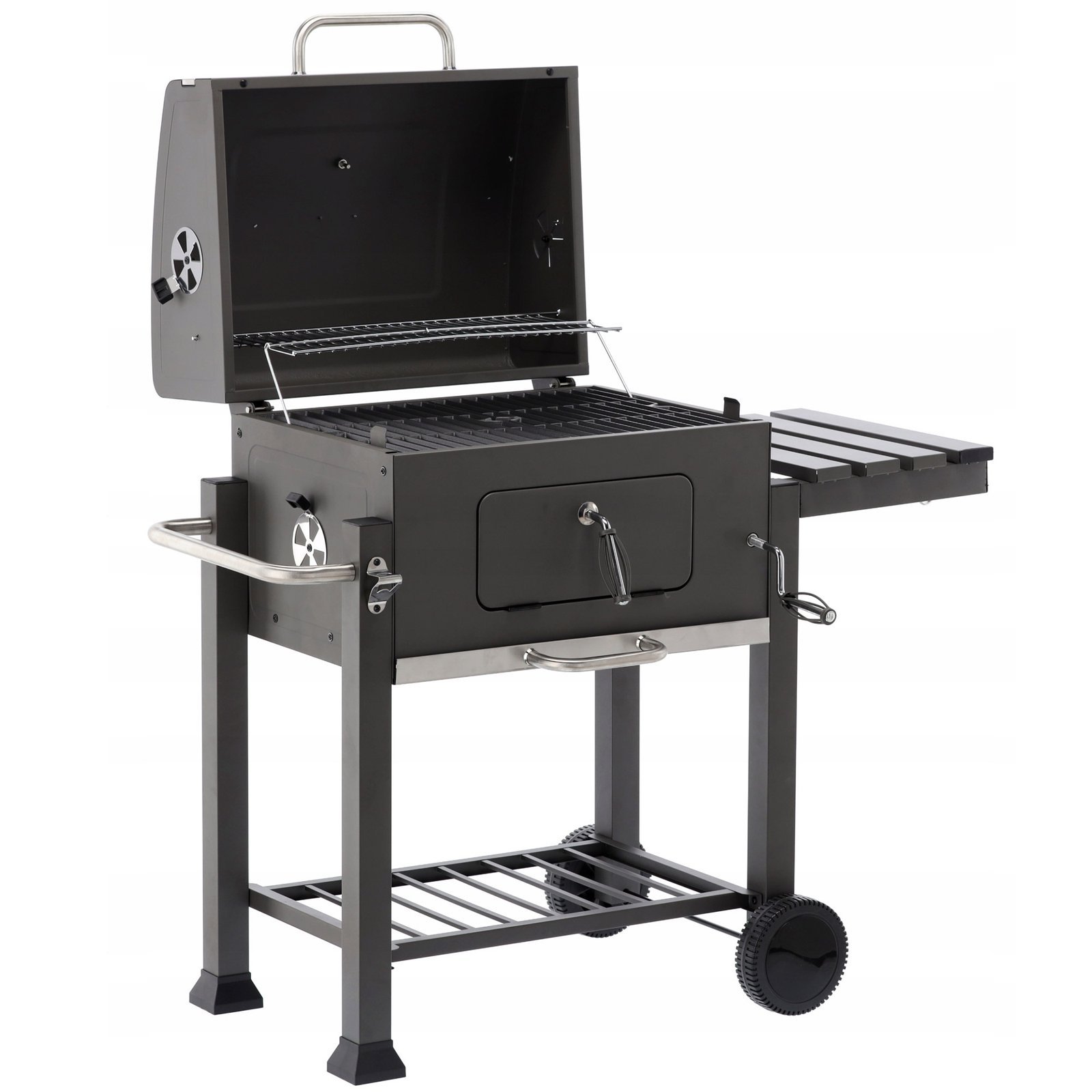 Gratar dreptunghiular pe carbuni, cu suport lateral si termometru capac, 115x60x108cm