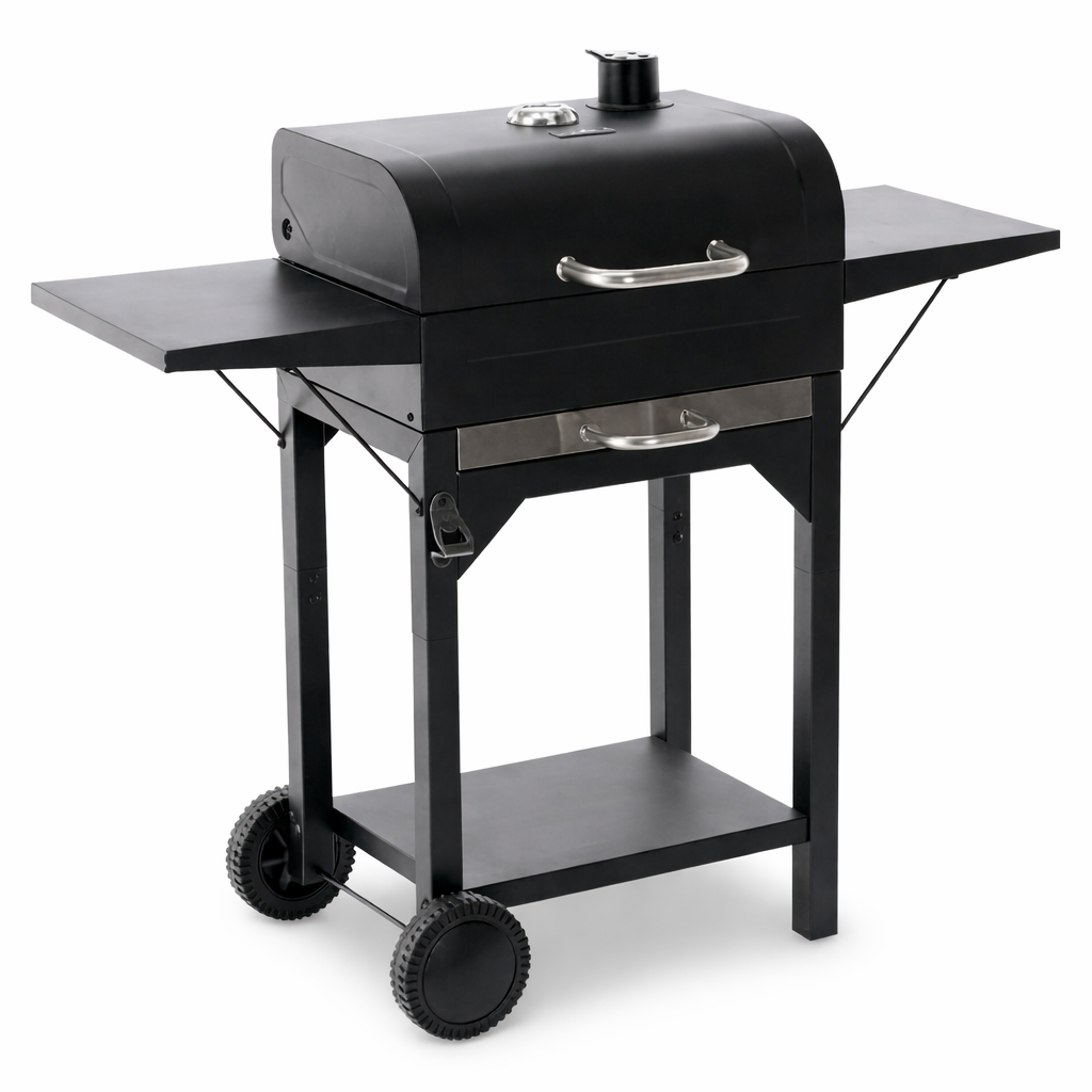 Gratar pe carbuni pentru gradina cu capac, termometru si rafturi laterale, din otel si fonta, 51×34 cm, negru