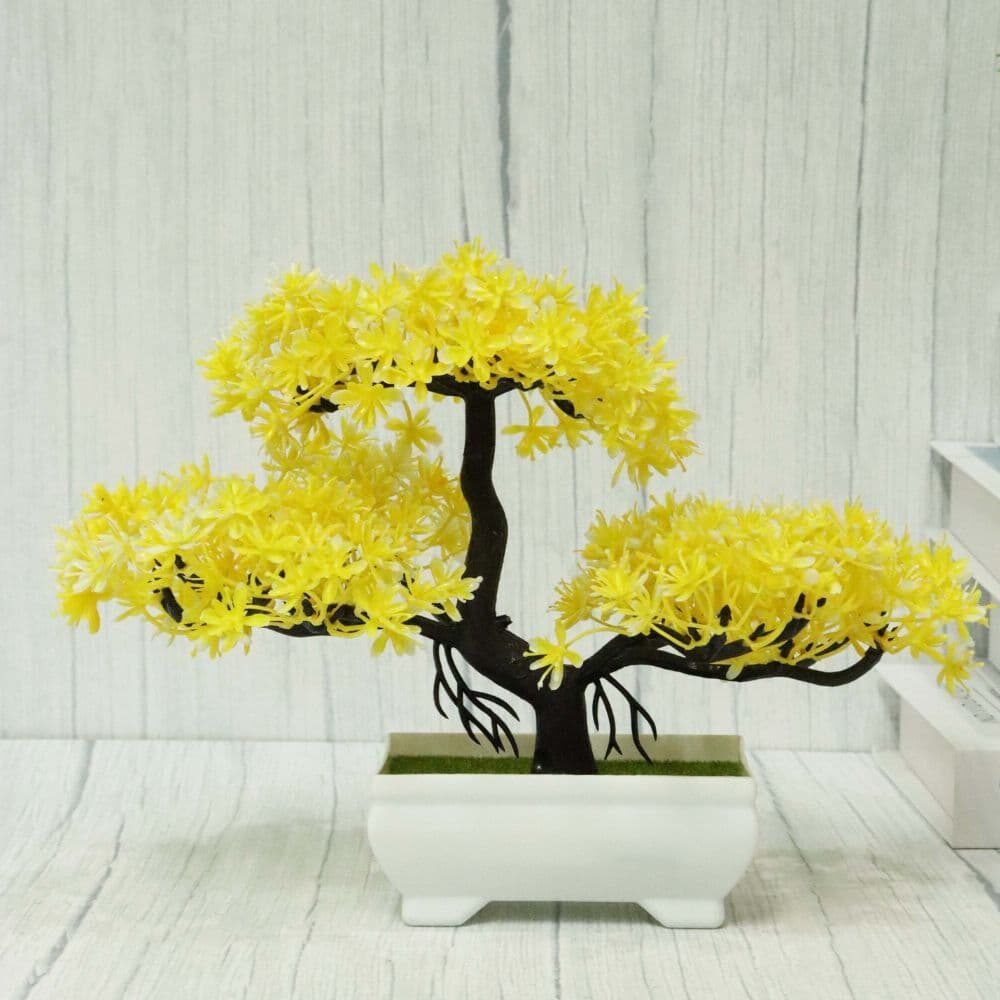 Bonsai decorativ artificial in ghiveci, Galben, 29 cm