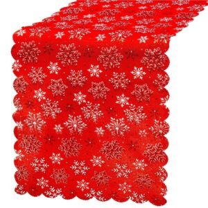 Fata de masa pentru decor, cu motive de Craciun, din stofa, 34x187cm, rosu