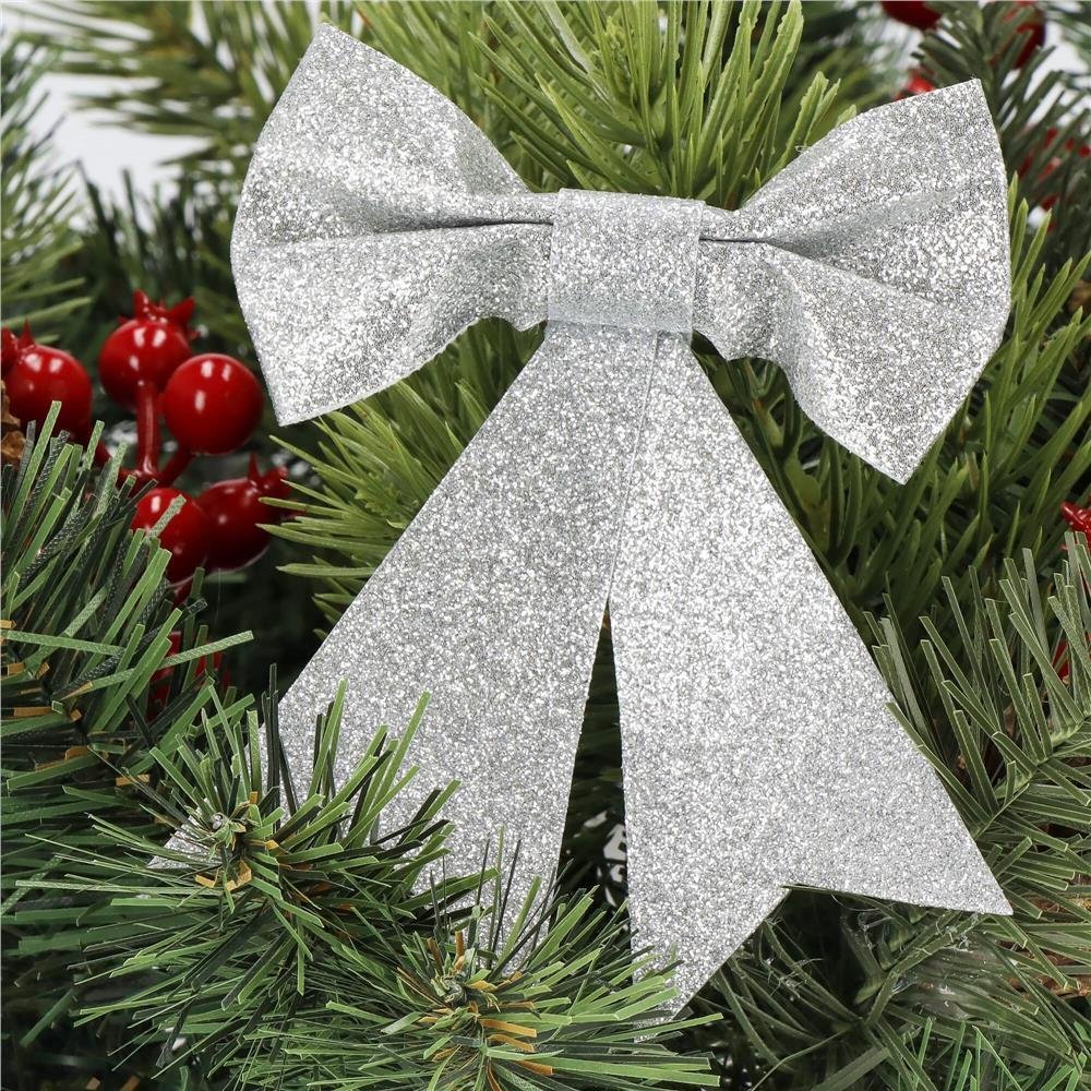 Set 4 ornamente pentru bradul de Craciun, fundita, 13cm, argintiu