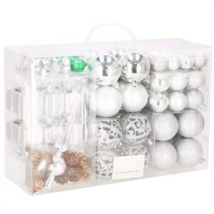 Set globuri si decoratiuni de Craciun, 102 piese, diverse dimensiuni, argintiu