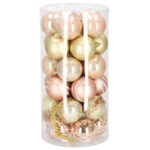 Set globuri de Craciun cu modele de sarbatori, 30 bucati, 6cm, roz si auriu