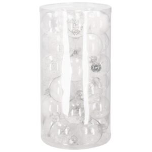 Set globuri de Craciun Inedit, 30 bucati, 7cm, transparente si alb