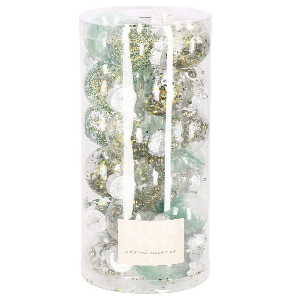 Set globuri de Craciun Inedit, 24 bucati, 5cm, transparente si verde 1 Set globuri de Craciun Inedit, 24 bucati, 5cm, transparente si verde