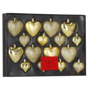 Set globuri decorative in forma de inima, 16 bucati, plastic, 4-7 cm, auriu