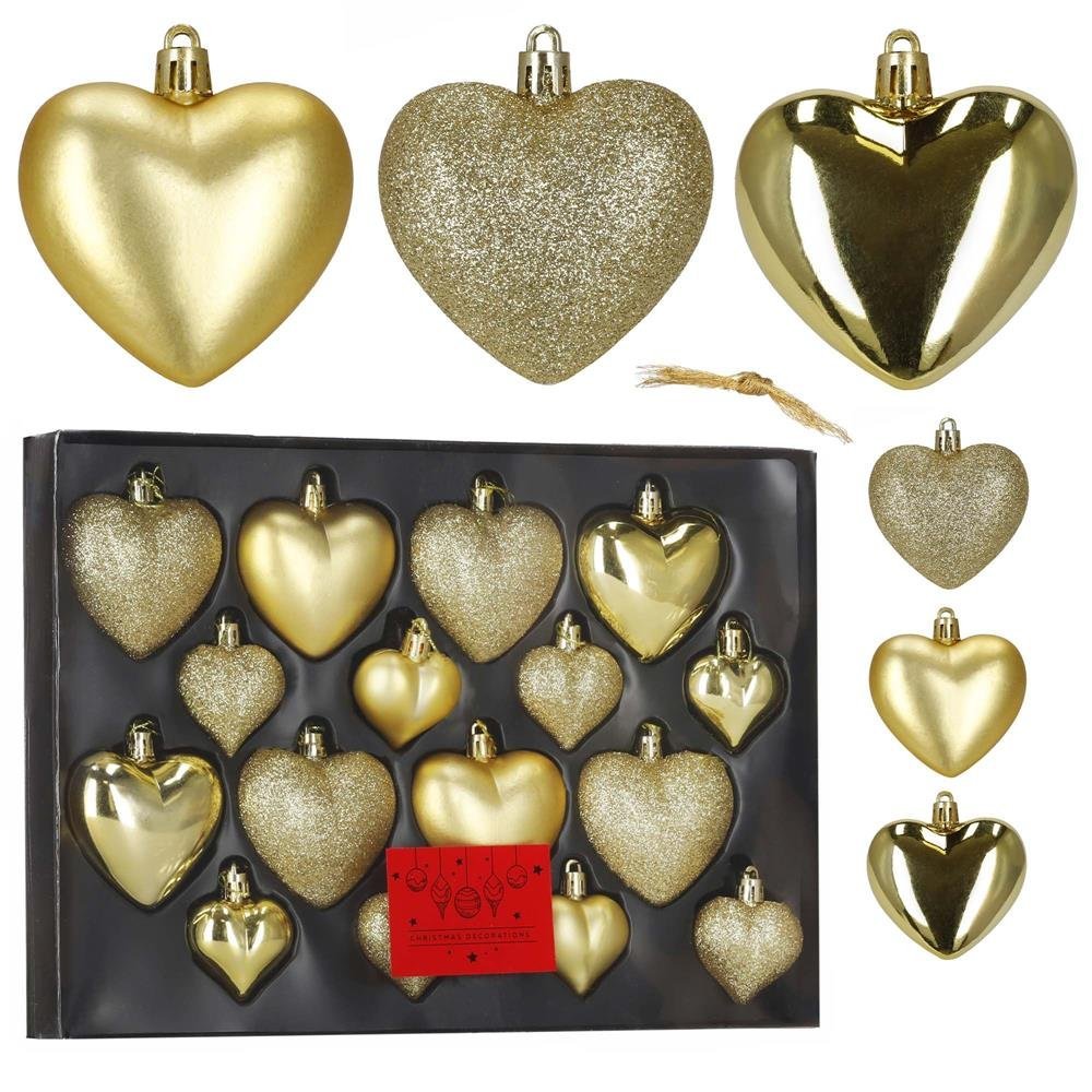 Set globuri decorative in forma de inima, 16 bucati, plastic, 4-7 cm, auriu 2 Set globuri decorative in forma de inima, 16 bucati, plastic, 4-7 cm, auriu - imagine 2