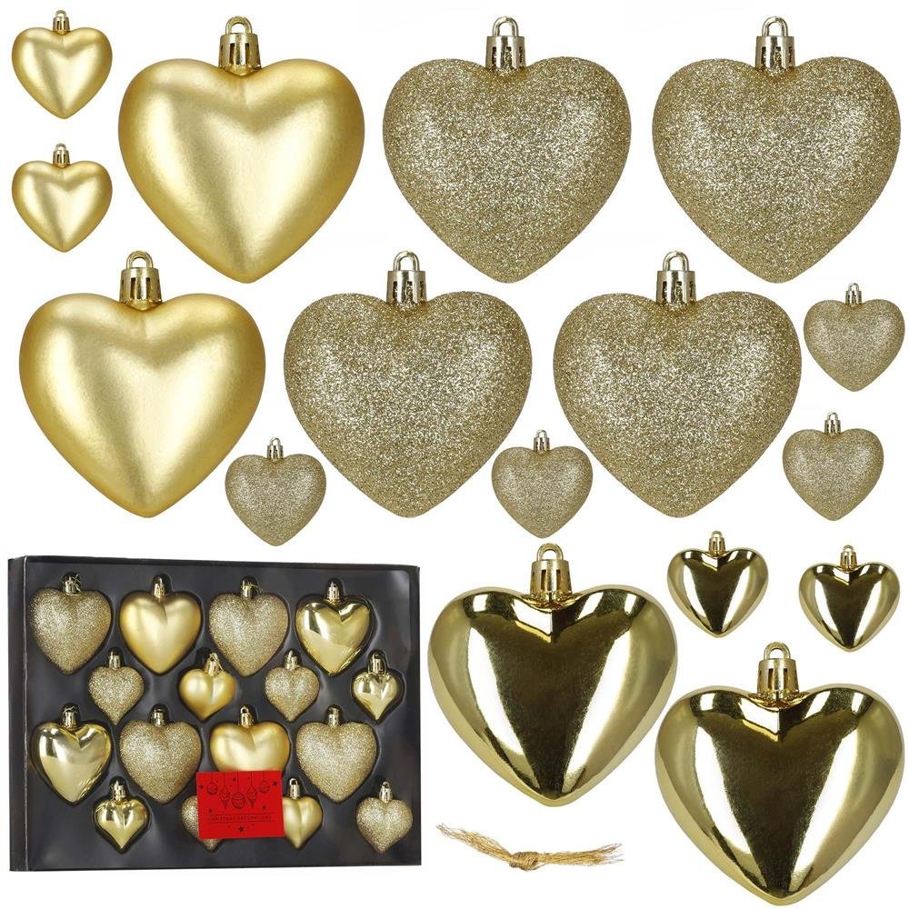 Set globuri decorative in forma de inima, 16 bucati, plastic, 4-7 cm, auriu 3 Set globuri decorative in forma de inima, 16 bucati, plastic, 4-7 cm, auriu - imagine 3