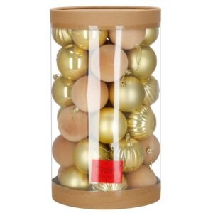 Set globuri decorative, 36 bucati, plastic, 6.5 cm, auriu si ecru