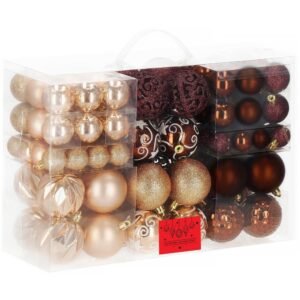 Set globuri brad si varf stea, 101 piese, plastic, 3–7 cm, maro si rose gold