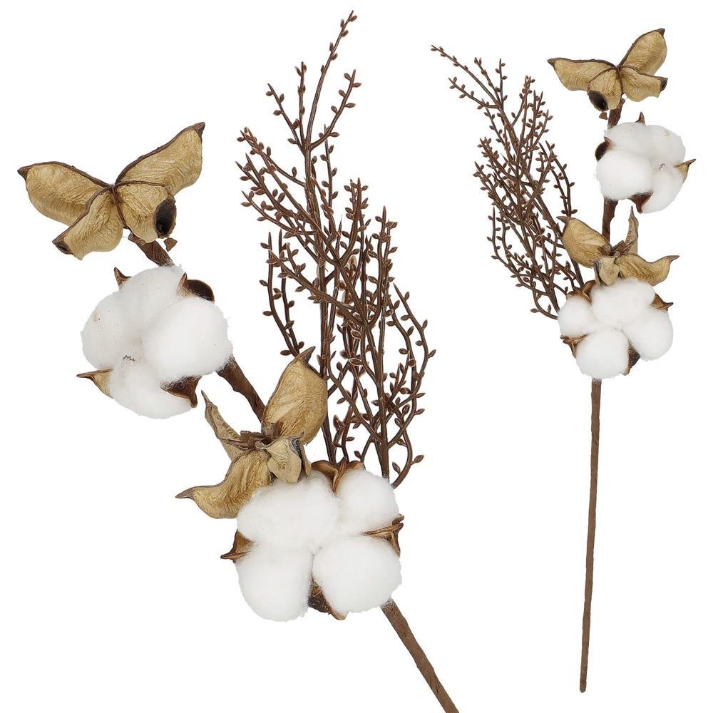 Ramura decorativa Craciun cu bumbac si plante uscate, 37 cm, alb/maro 2 Ramura decorativa Craciun cu bumbac si plante uscate, 37 cm, alb/maro - imagine 2