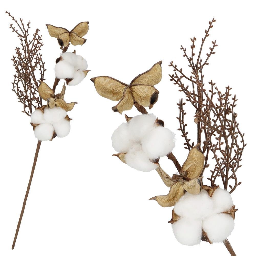 Ramura decorativa Craciun cu bumbac si plante uscate, 37 cm, alb/maro 3 Ramura decorativa Craciun cu bumbac si plante uscate, 37 cm, alb/maro - imagine 3