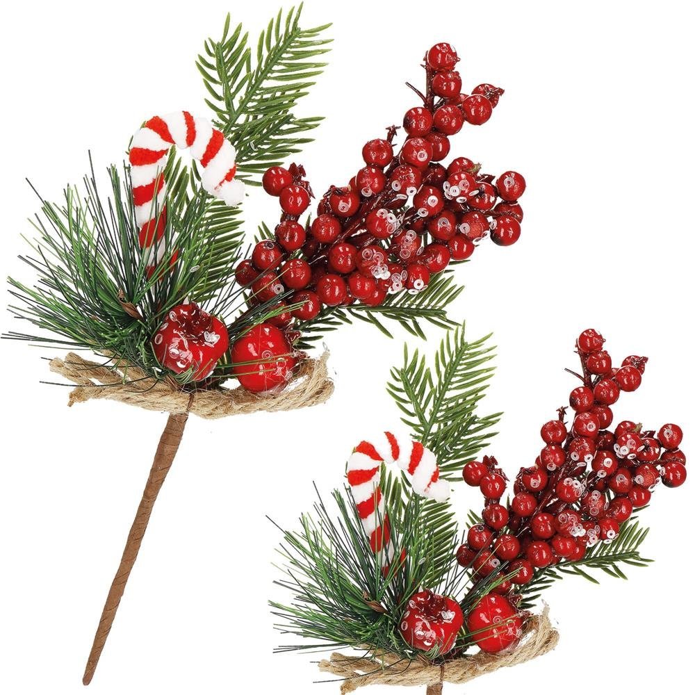 Ramura decorativa Craciun cu fructe rosii, acadea si sfoara iuta, 24 cm, rosu 2 Ramura decorativa Craciun cu fructe rosii, acadea si sfoara iuta, 24 cm, rosu - imagine 2