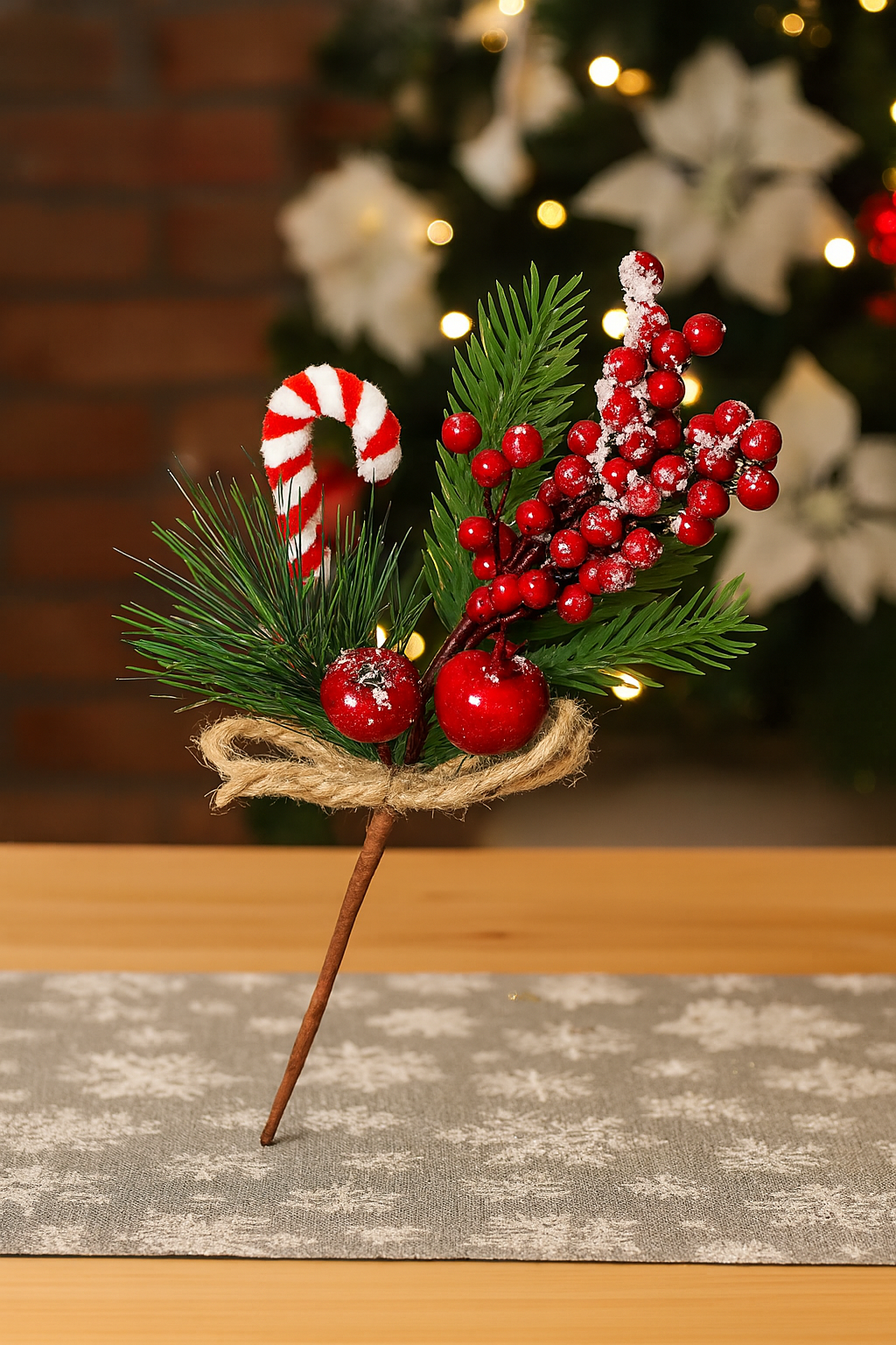 Ramura decorativa Craciun cu fructe rosii, acadea si sfoara iuta, 24 cm, rosu 3 Ramura decorativa Craciun cu fructe rosii, acadea si sfoara iuta, 24 cm, rosu - imagine 3