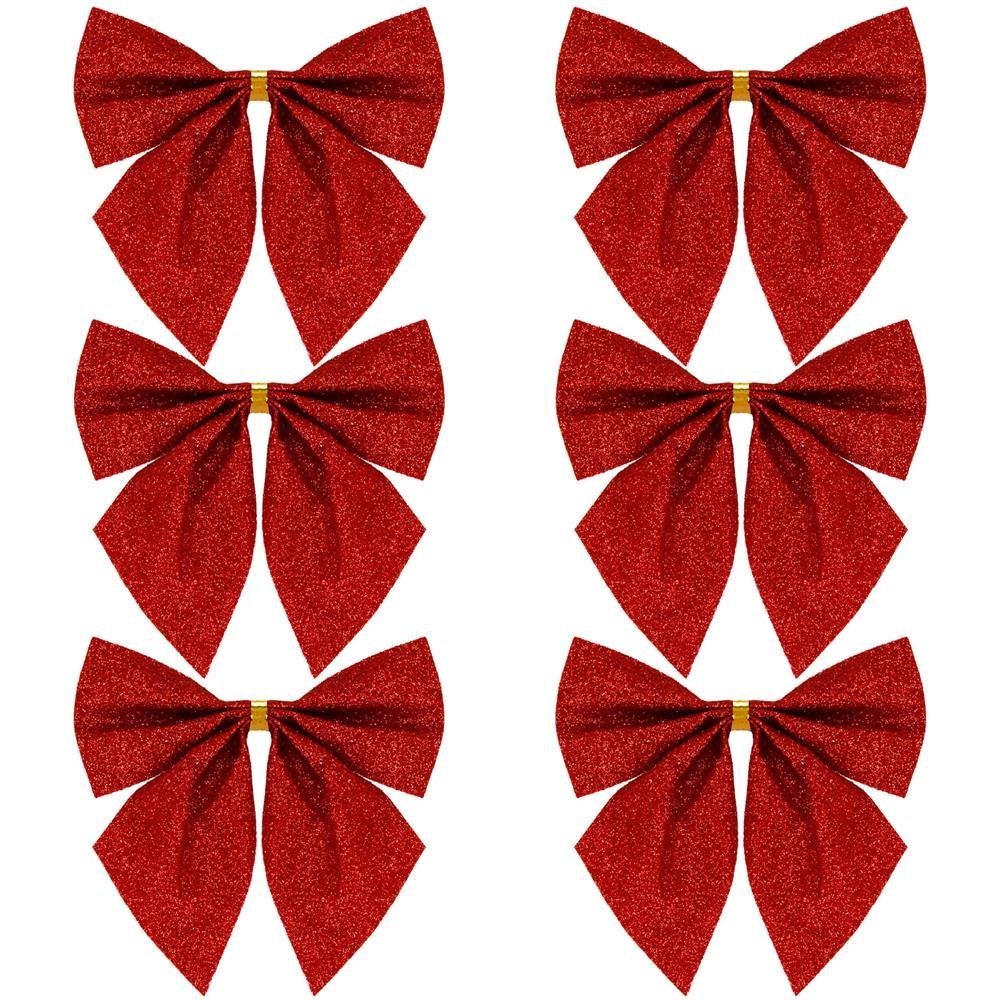 Set 6 ornamente pentru bradul de Craciun, fundita, 8cm, rosu cu sclipici