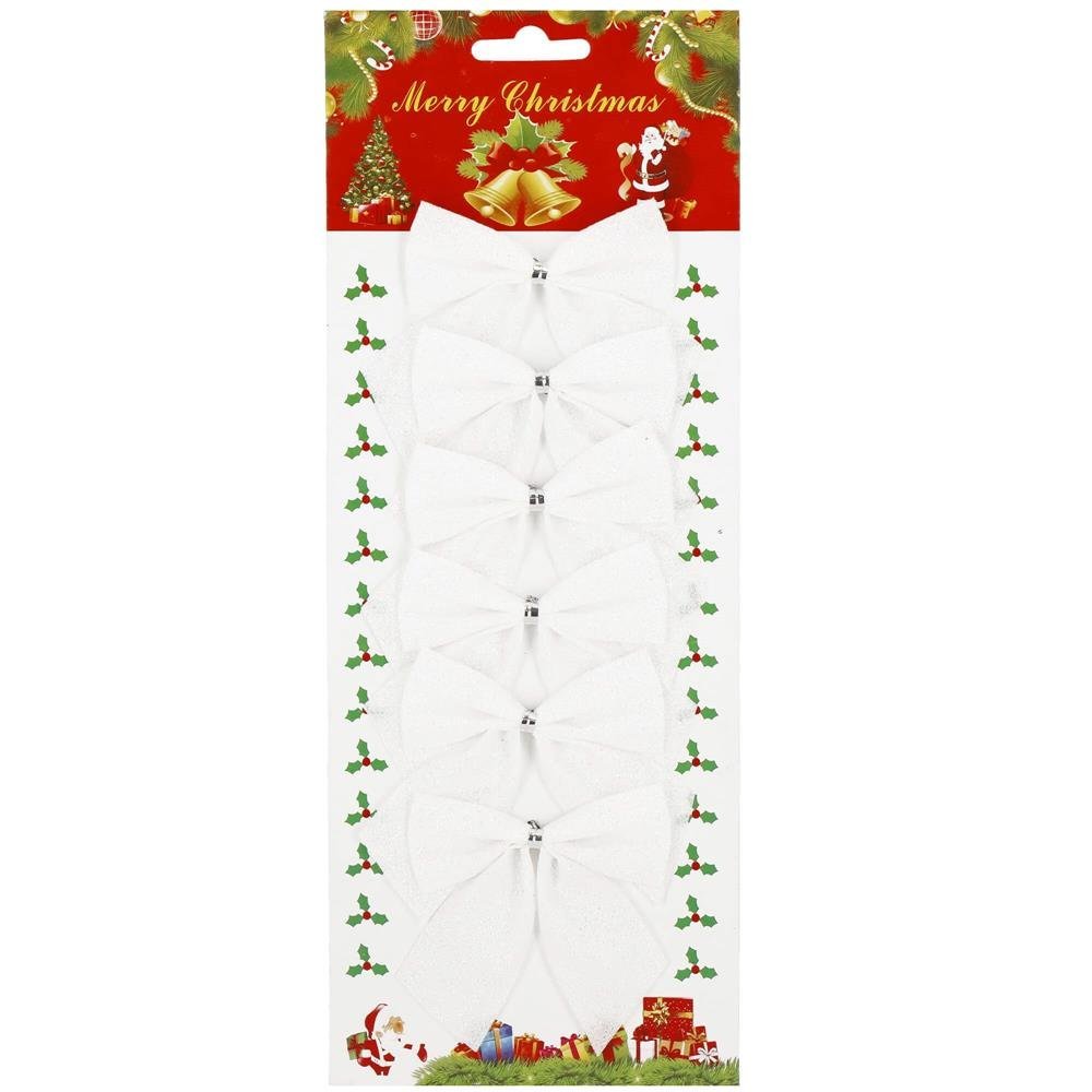 Set 6 ornamente pentru bradul de Craciun, fundita, 8cm, alb