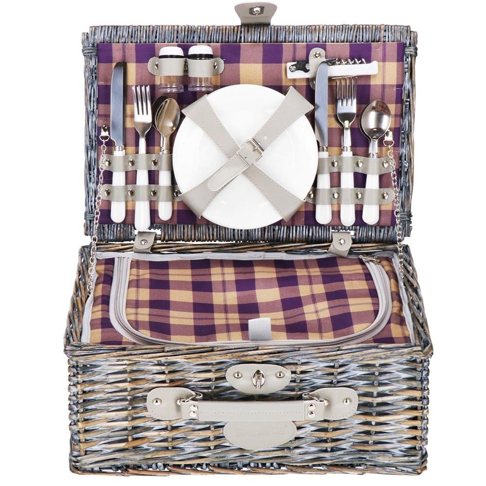 Cos de picnic echipat pentru 4 persoane Deluxe, din rachita, cu vesela si tacamuri, izolat termic, gri