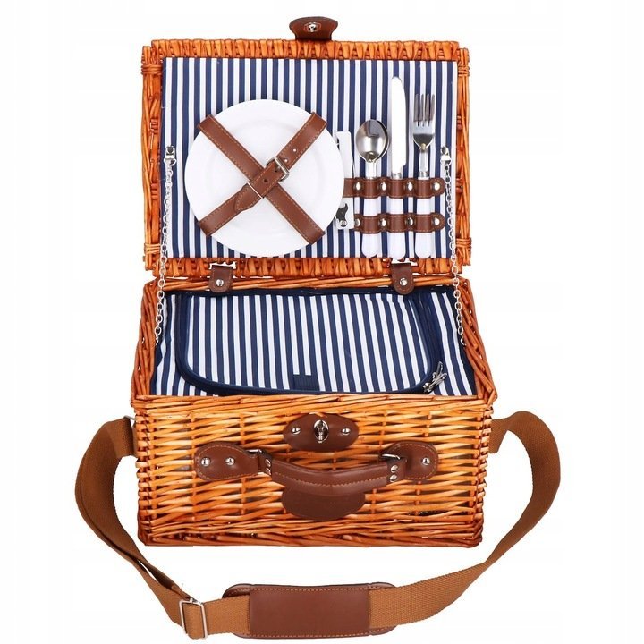 Cos de picnic echipat pentru 2 persoane Deluxe, din rachita, cu vesela si tacamuri, frigorific