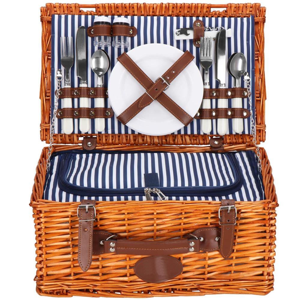 Cos de picnic echipat pentru 4 persoane Deluxe, din rachita, cu vesela si tacamuri, frigorific
