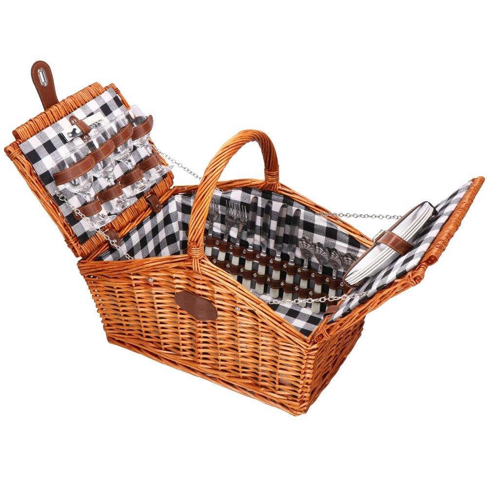 Cos de picnic echipat pentru 4 persoane Deluxe, din rachita, cu vesela si tacamuri, izolat termic, maro