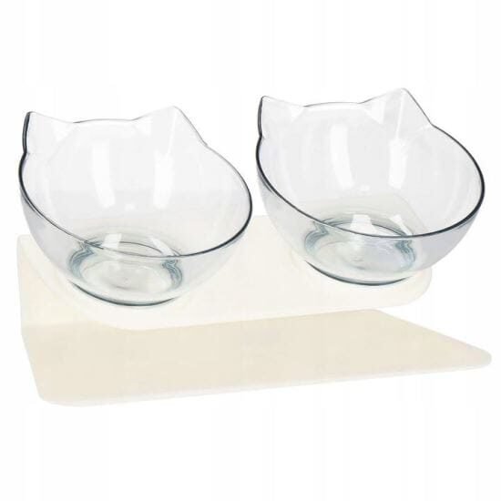 Bol dublu in forma de pisica cu sport pentru hranirea animalelor de companie, Alb, 2X13 cm