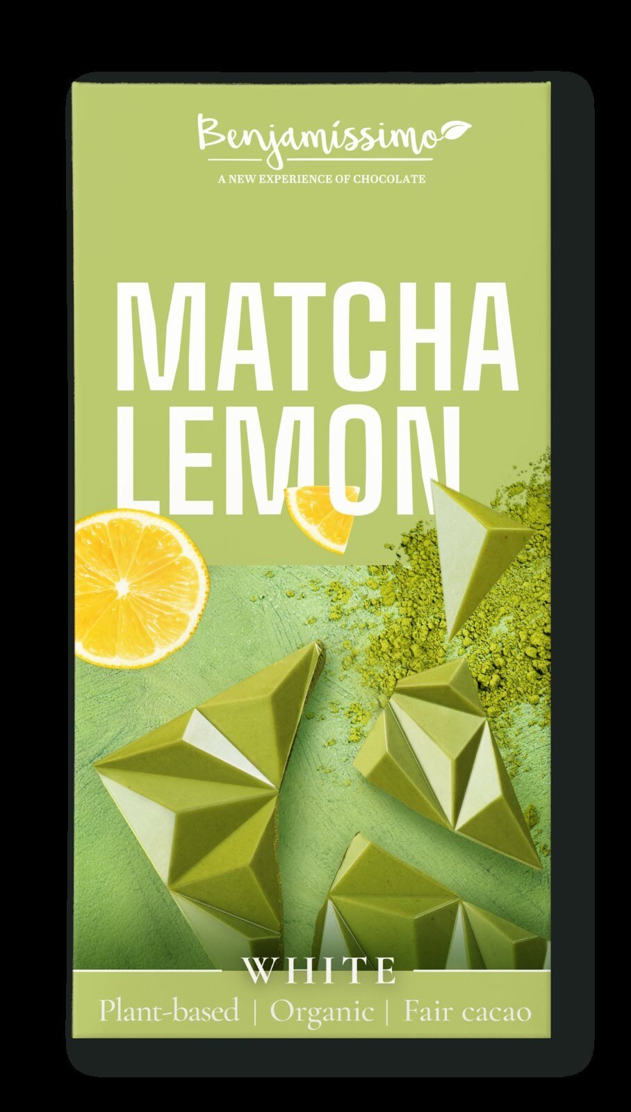 Ciocolata alba cu matcha si lamaie, bio, 60g, Benjamissimo
