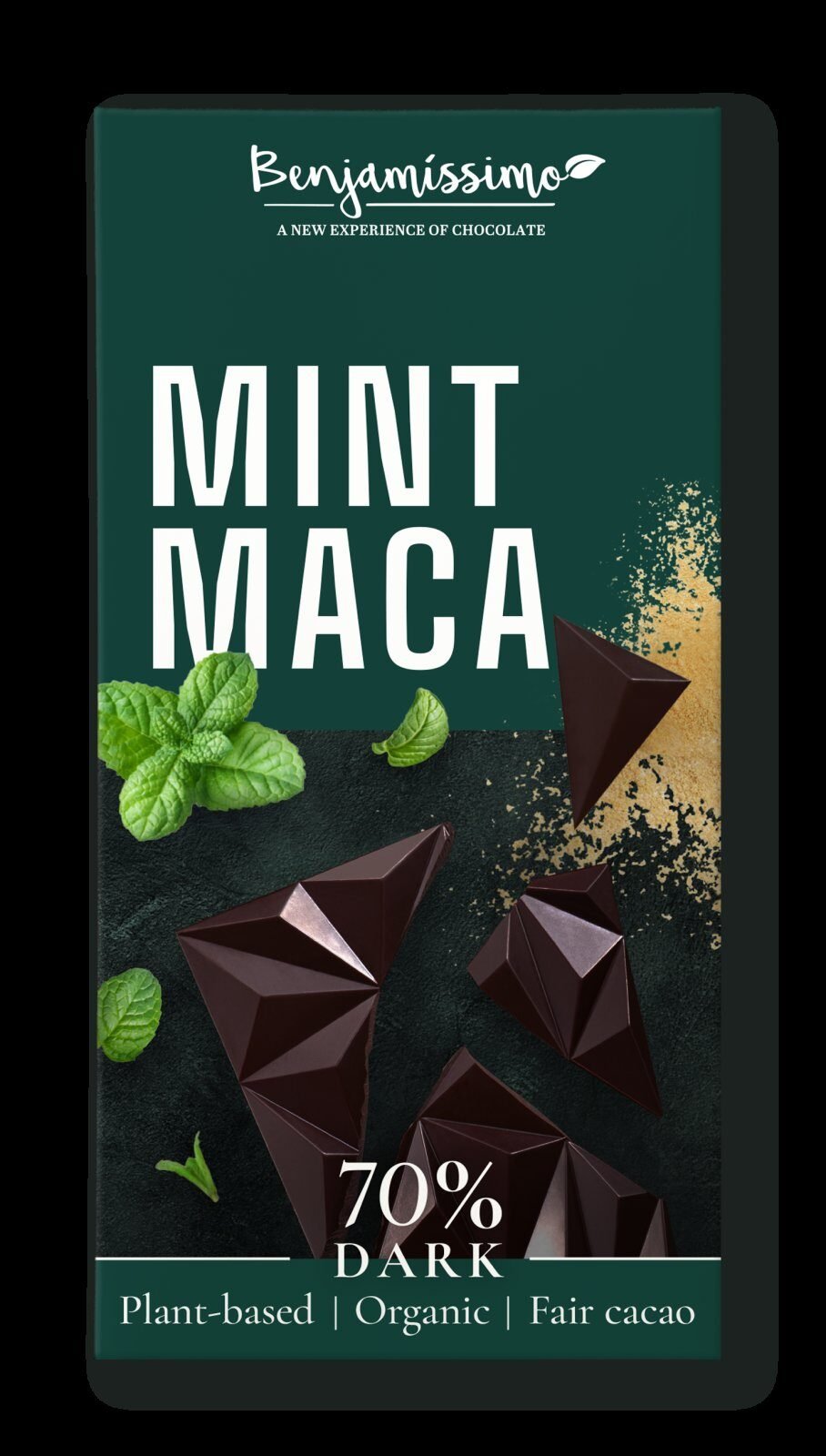 Ciocolata neagra 70% cu menta si maca, bio, 60g, Benjamissimo
